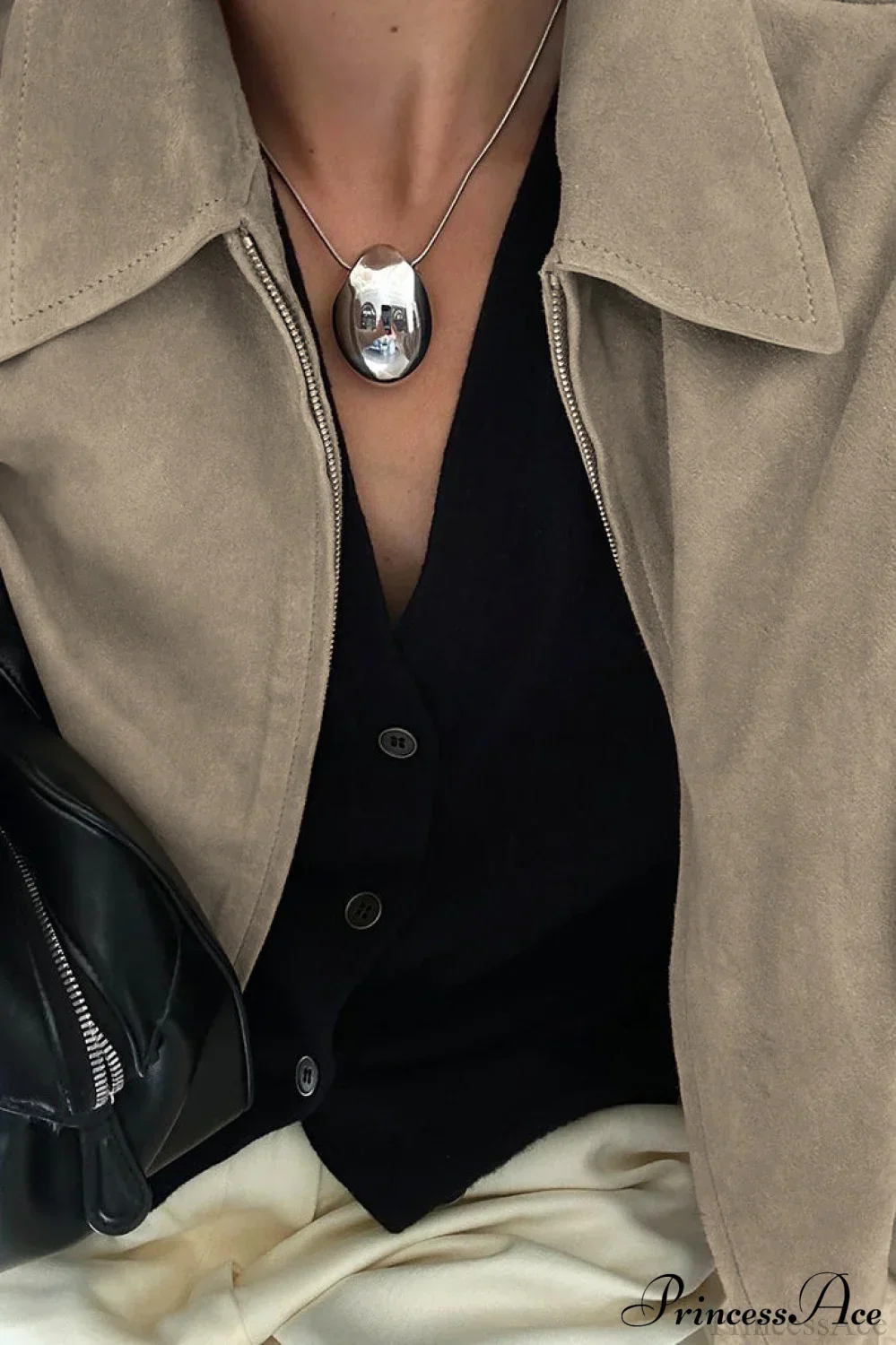 Khaki Suede Collared Oversized Retro Coat - Image 2