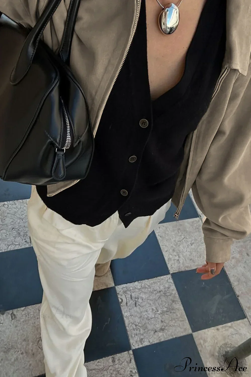 Khaki Suede Collared Oversized Retro Coat - Image 3