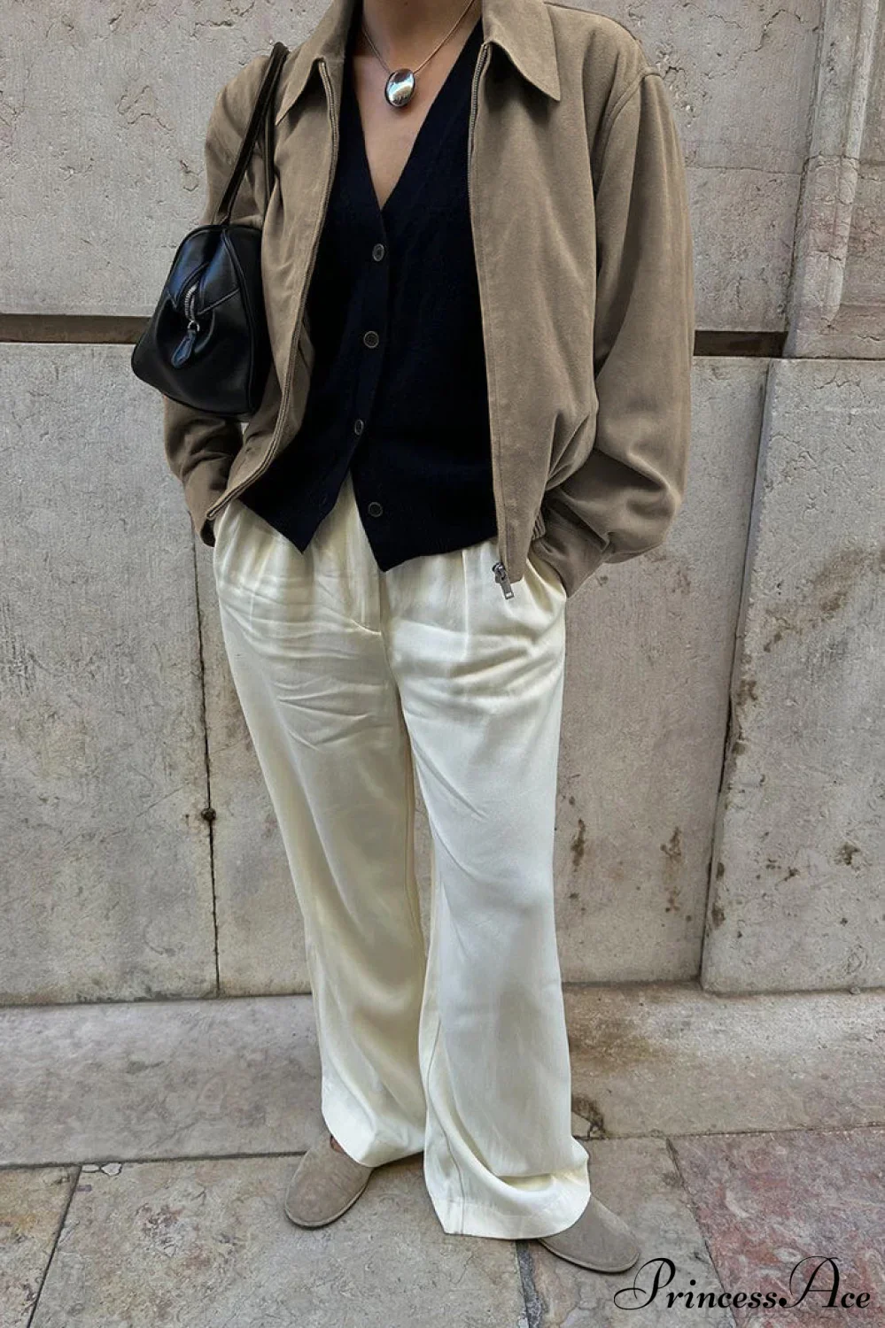 Khaki Suede Collared Oversized Retro Coat - Image 4
