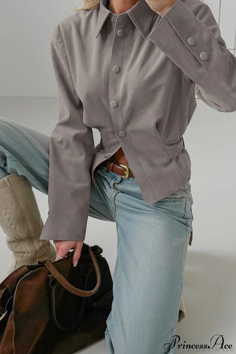 Khaki Suede Collared Ruched Blouse - Image 2