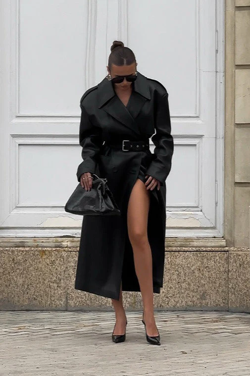 Knee-Length Heavy-Detail Faux Leather Overcoat - Image 2