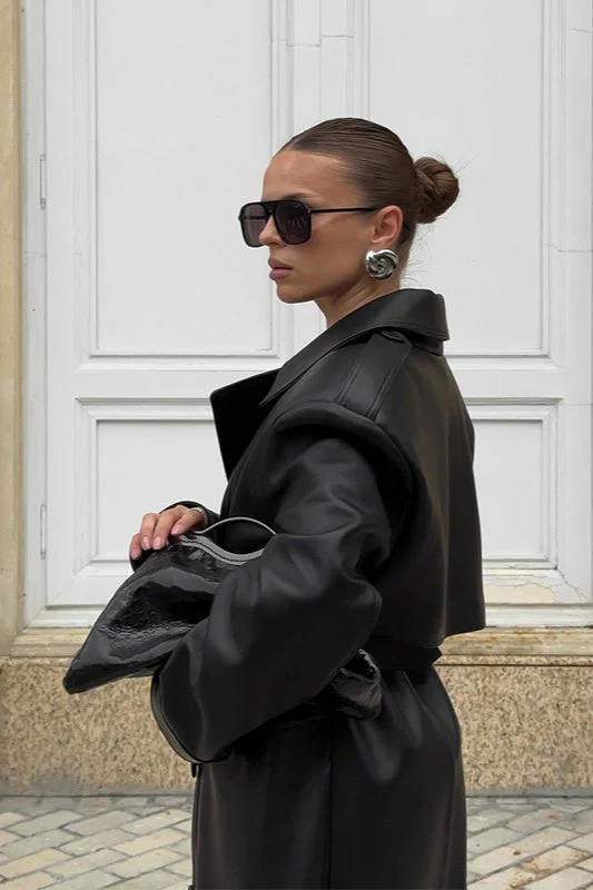 Knee-Length Heavy-Detail Faux Leather Overcoat - Image 6