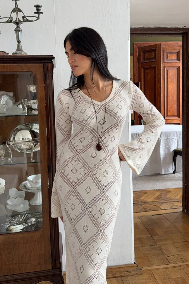 Knit Argyle Jacquard Long Sleeve Maxi Dress - Image 2