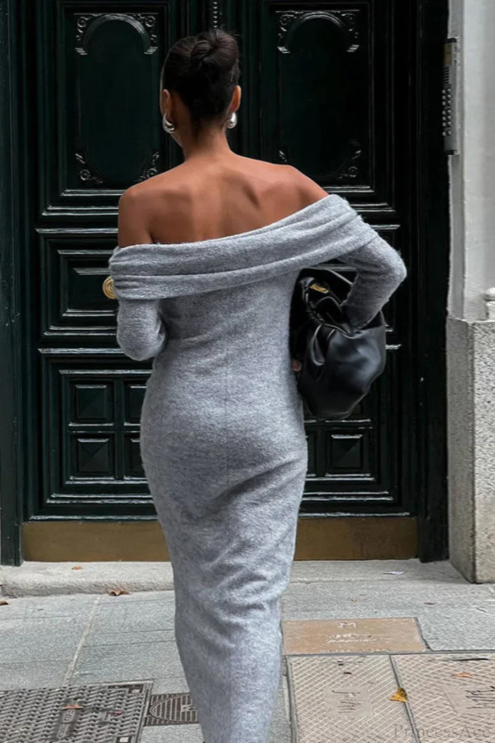 Knit Fitted Off Shoulder Long Sleeve Maxi Dress - Image 4