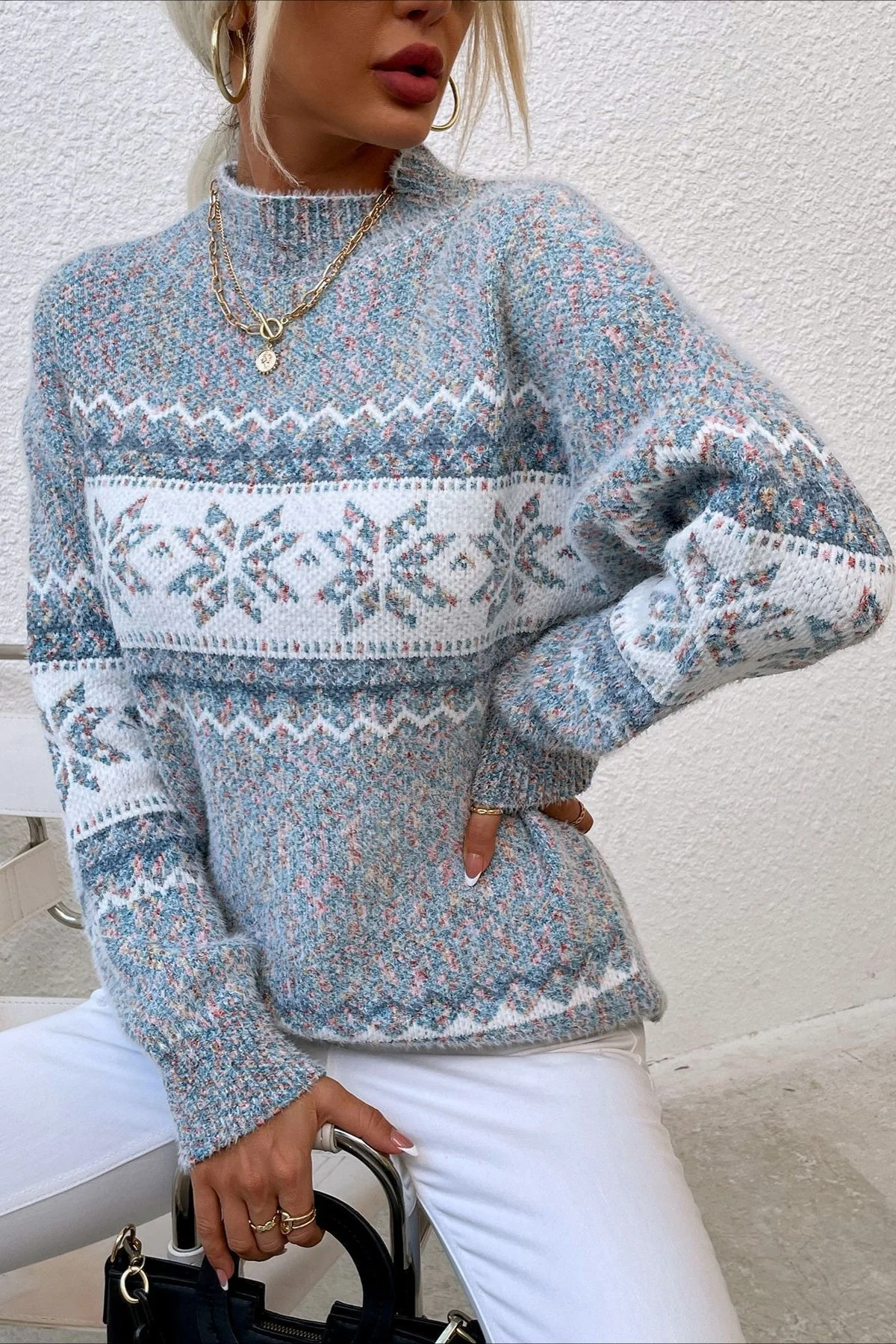 Knit Half-High Neck Snowflake Pullover Sweater - Image 2