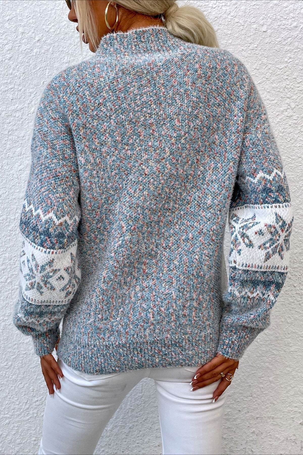Knit Half-High Neck Snowflake Pullover Sweater - Image 3
