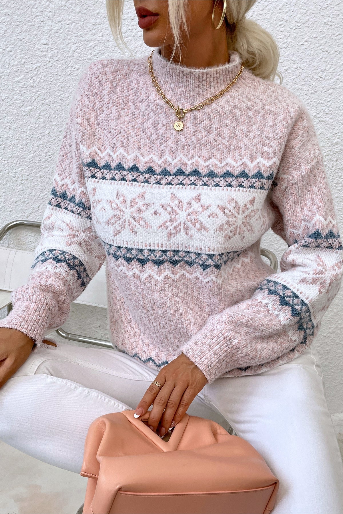 Knit Half-High Neck Snowflake Pullover Sweater - Image 4