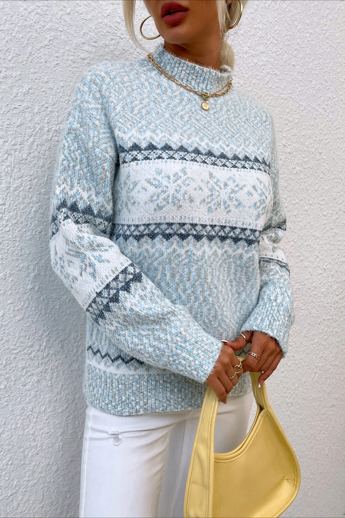 Knit Half-High Neck Snowflake Pullover Sweater - Image 5