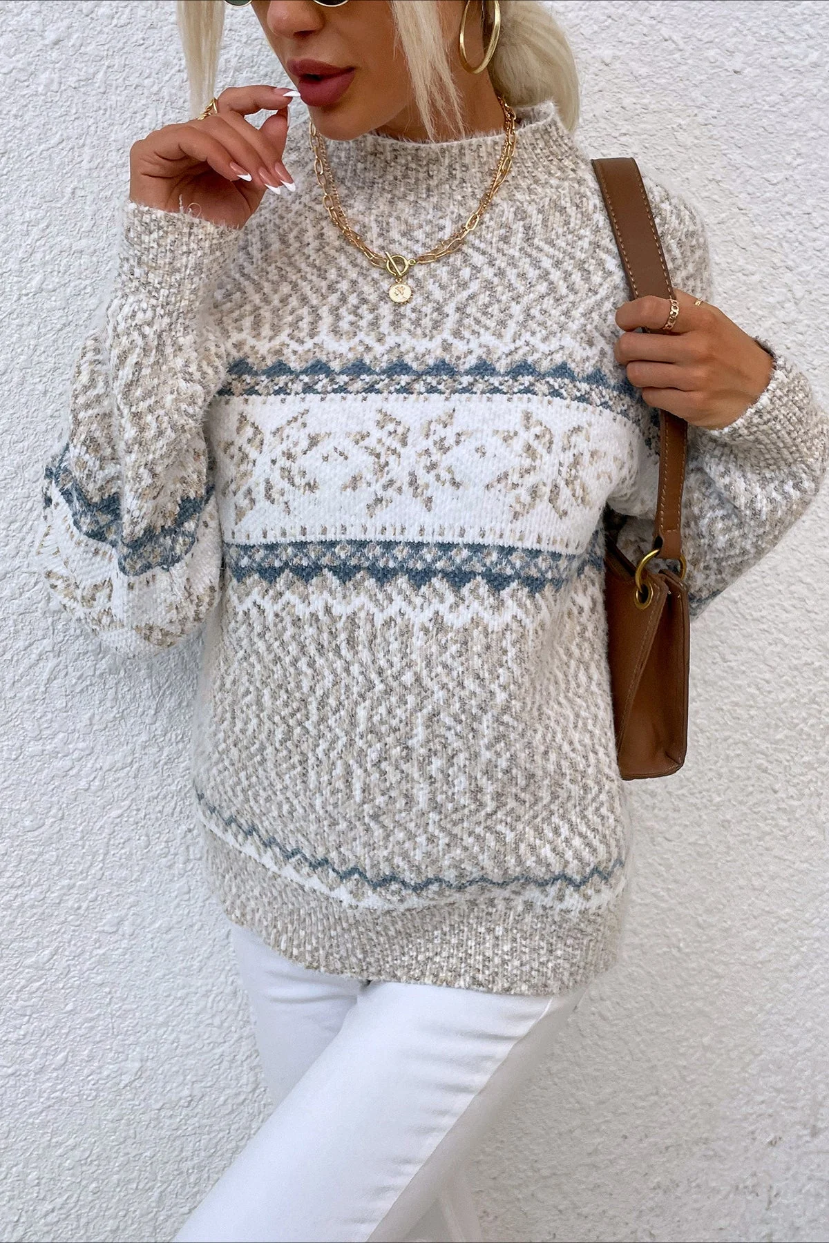 Knit Half-High Neck Snowflake Pullover Sweater - Image 6