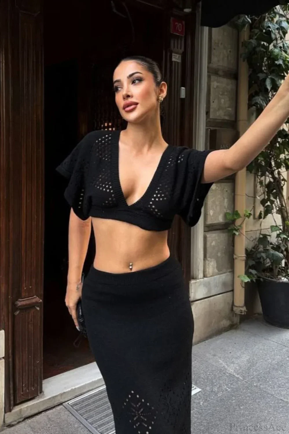 Knit Openwork V-Neck Cropped Bodycon Two Piece Set - Image 7