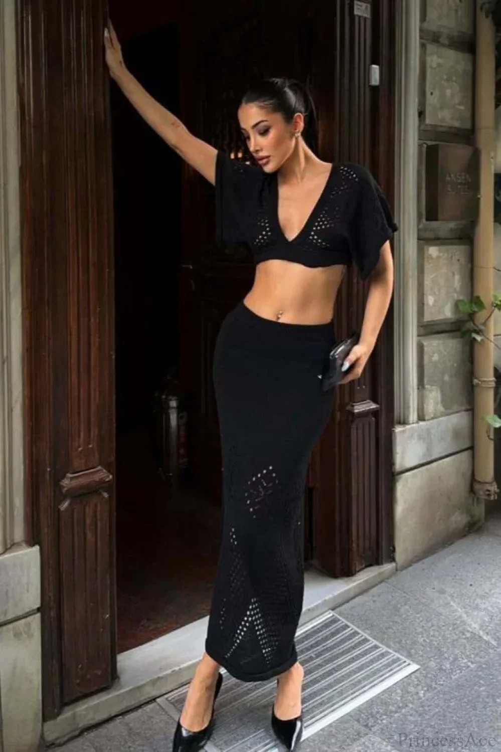 Knit Openwork V-Neck Cropped Bodycon Two Piece Set - Image 8