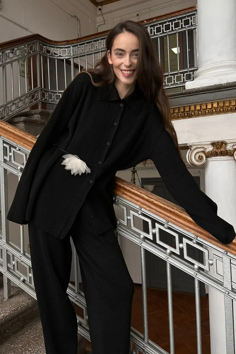 Knit Ribbed Collar Long Sleeve Loose Two Piece Set - Image 10