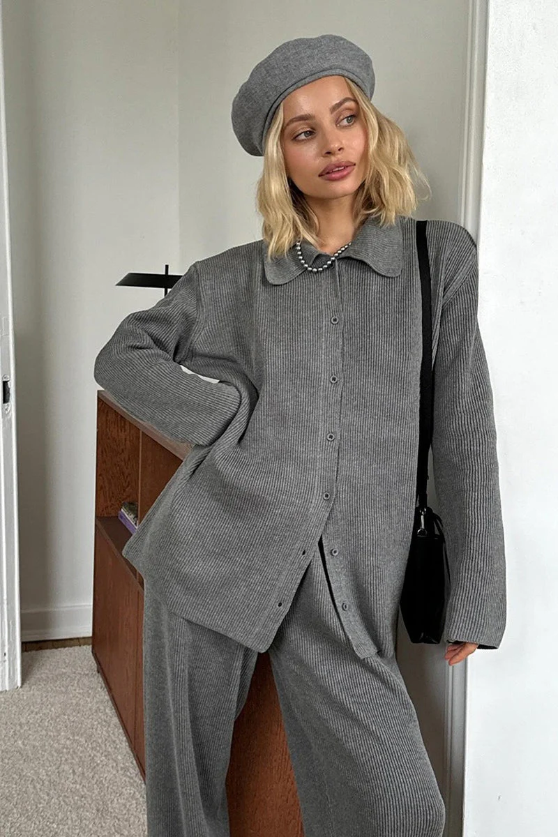 Knit Ribbed Collar Long Sleeve Loose Two Piece Set - Image 11