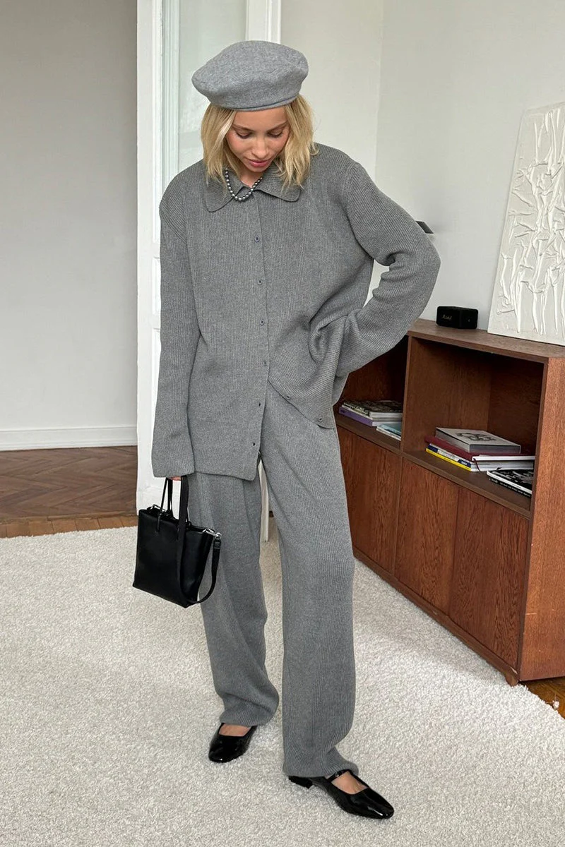 Knit Ribbed Collar Long Sleeve Loose Two Piece Set - Image 12
