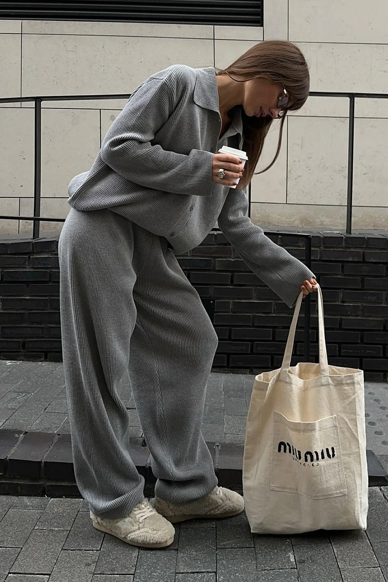 Knit Ribbed Collar Long Sleeve Loose Two Piece Set - Image 13
