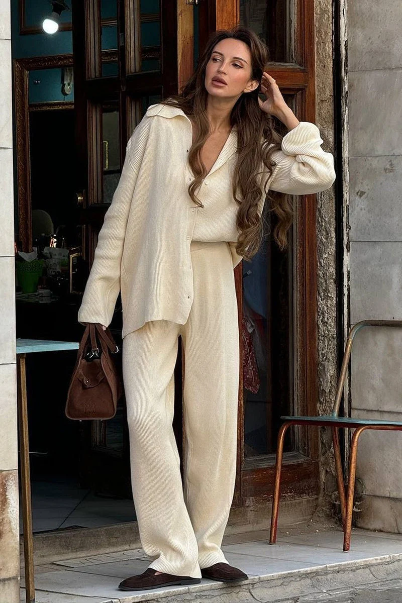 Knit Ribbed Collar Long Sleeve Loose Two Piece Set - Image 3