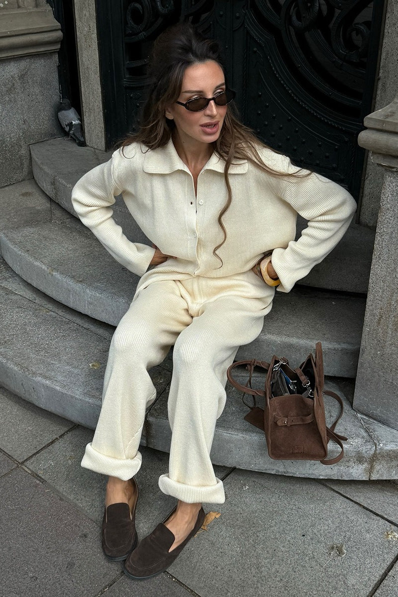 Knit Ribbed Collar Long Sleeve Loose Two Piece Set - Image 4