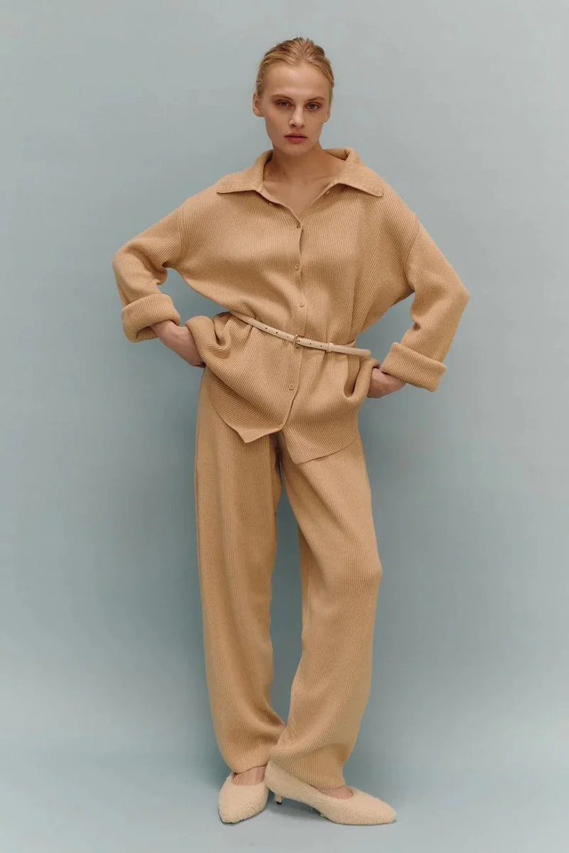 Knit Ribbed Collar Long Sleeve Loose Two Piece Set - Image 5