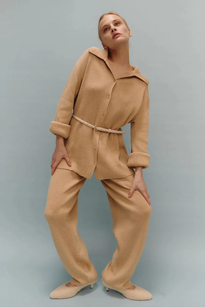 Knit Ribbed Collar Long Sleeve Loose Two Piece Set - Image 6