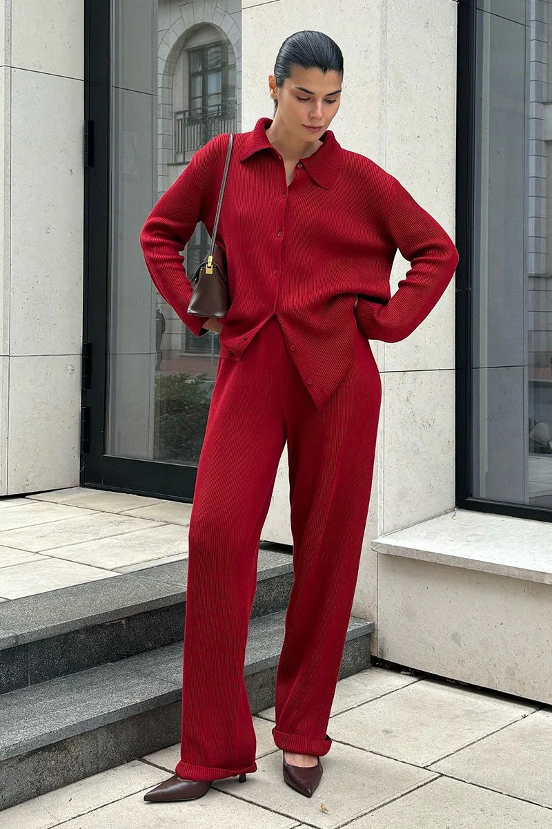 Knit Ribbed Collar Long Sleeve Loose Two Piece Set - Image 7
