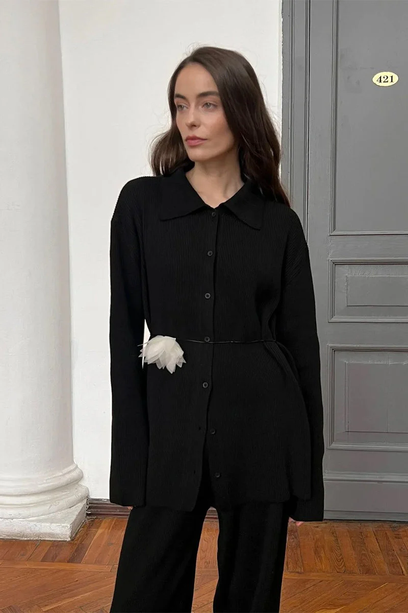 Knit Ribbed Collar Long Sleeve Loose Two Piece Set - Image 9