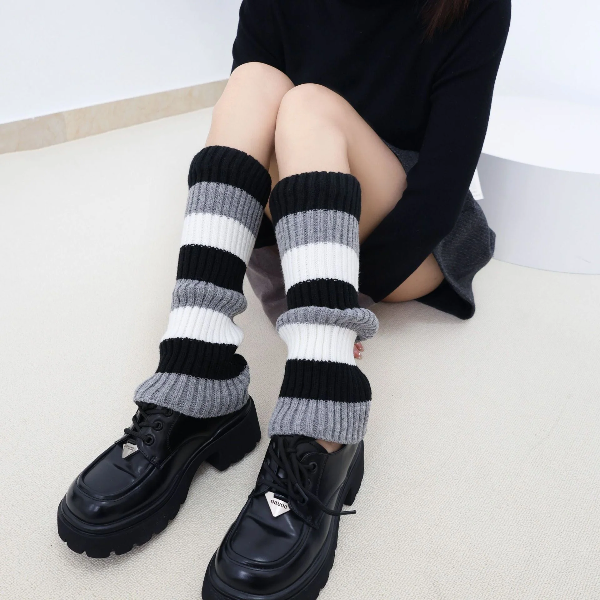 Knit Striped Color Block Slouchy Red Leg Warmers - Image 10