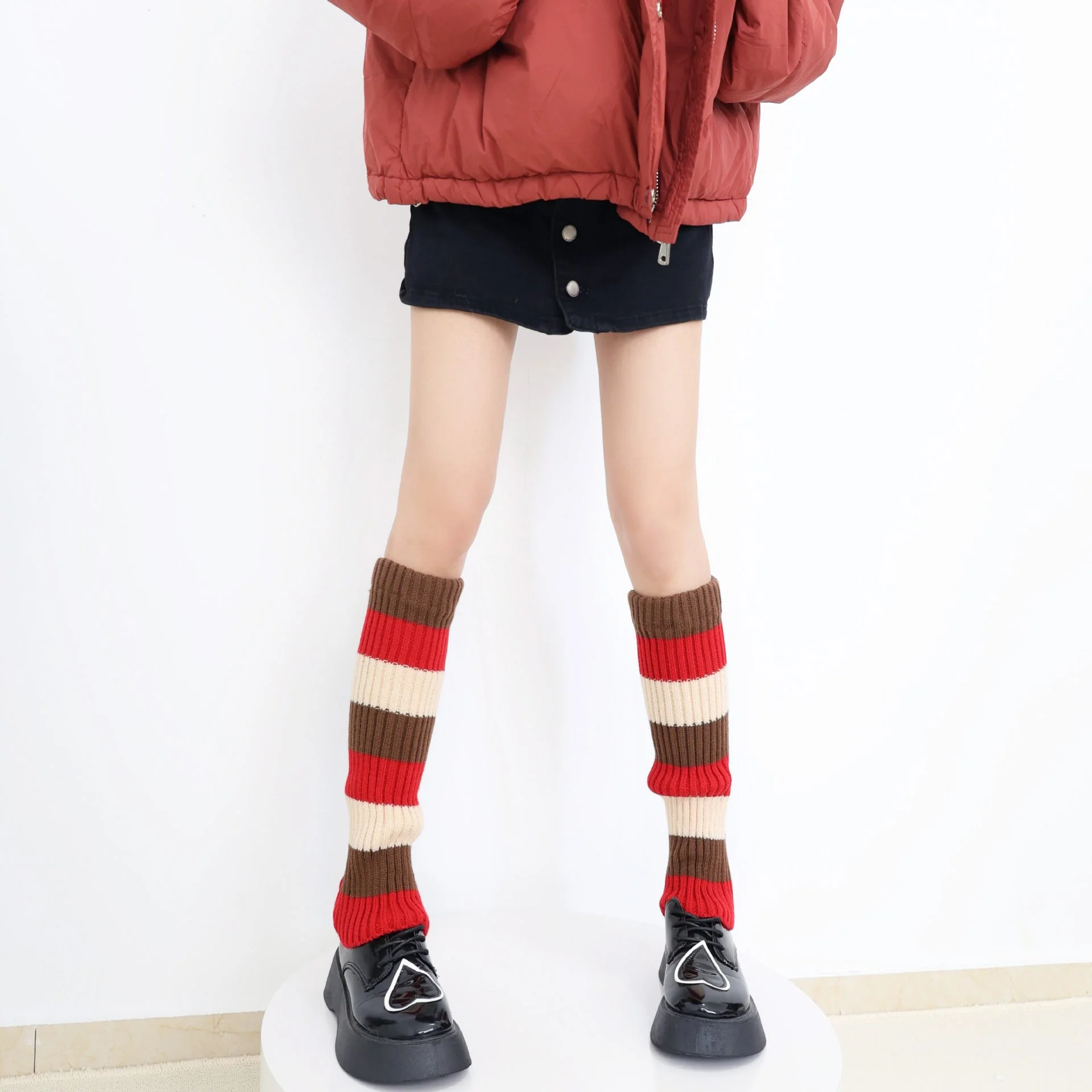 Knit Striped Color Block Slouchy Red Leg Warmers - Image 3