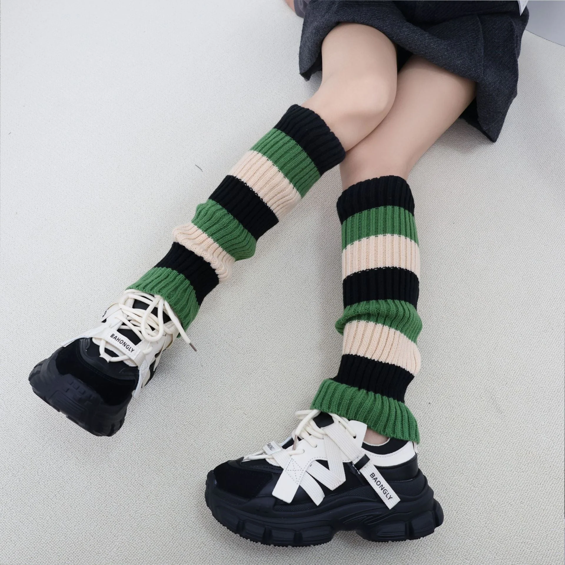 Knit Striped Color Block Slouchy Red Leg Warmers - Image 4