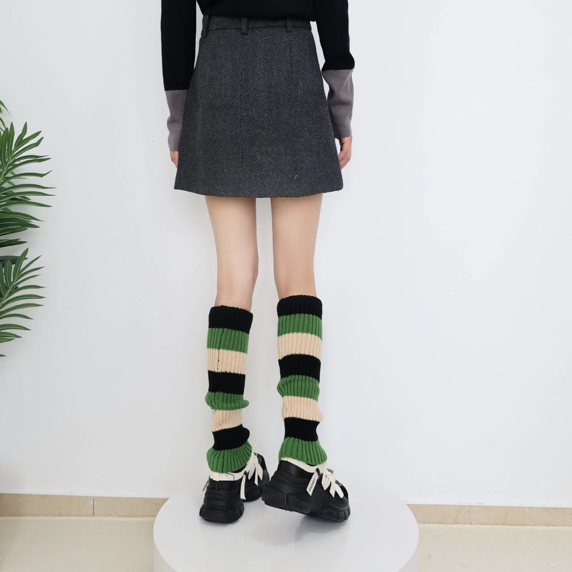 Knit Striped Color Block Slouchy Red Leg Warmers - Image 6