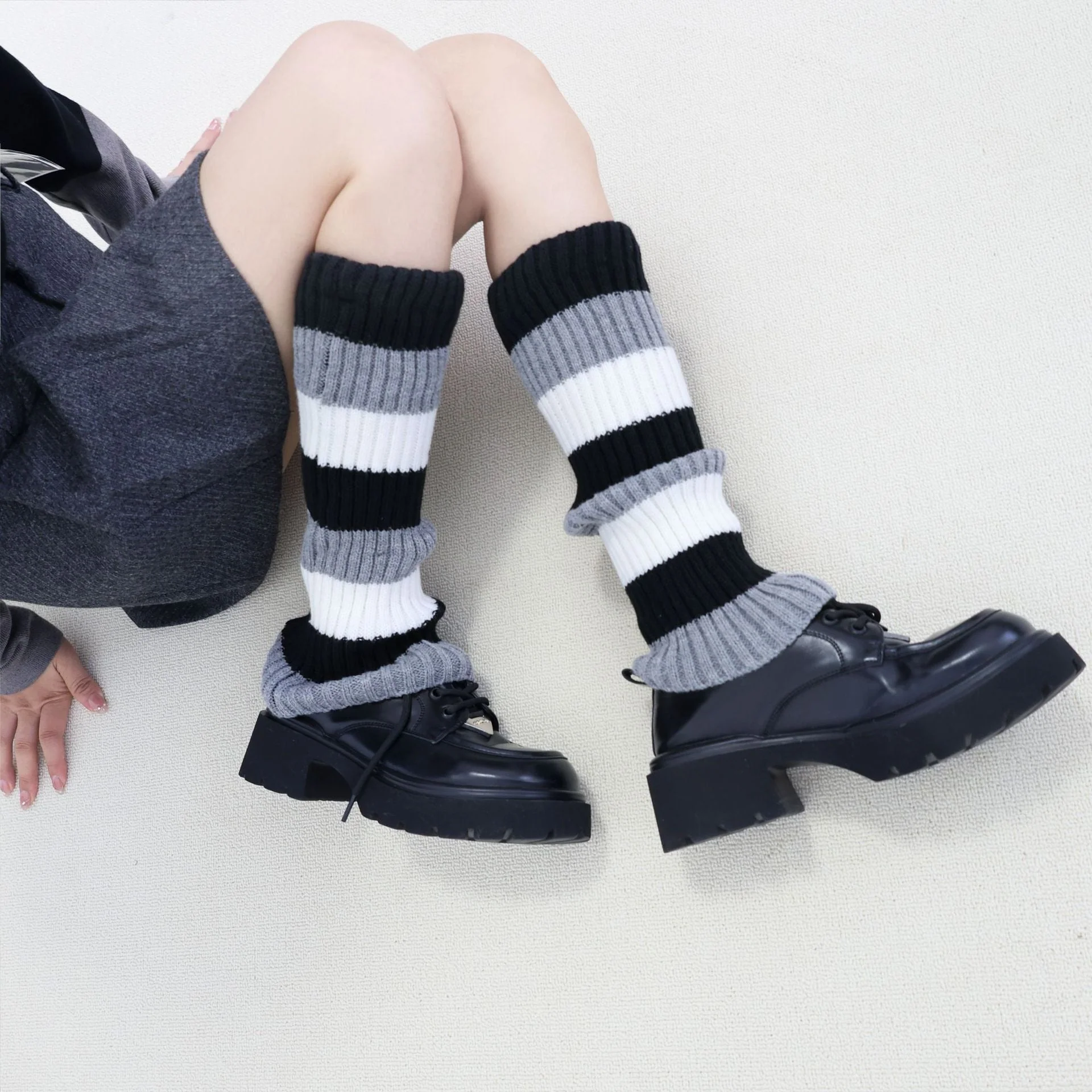 Knit Striped Color Block Slouchy Red Leg Warmers - Image 7