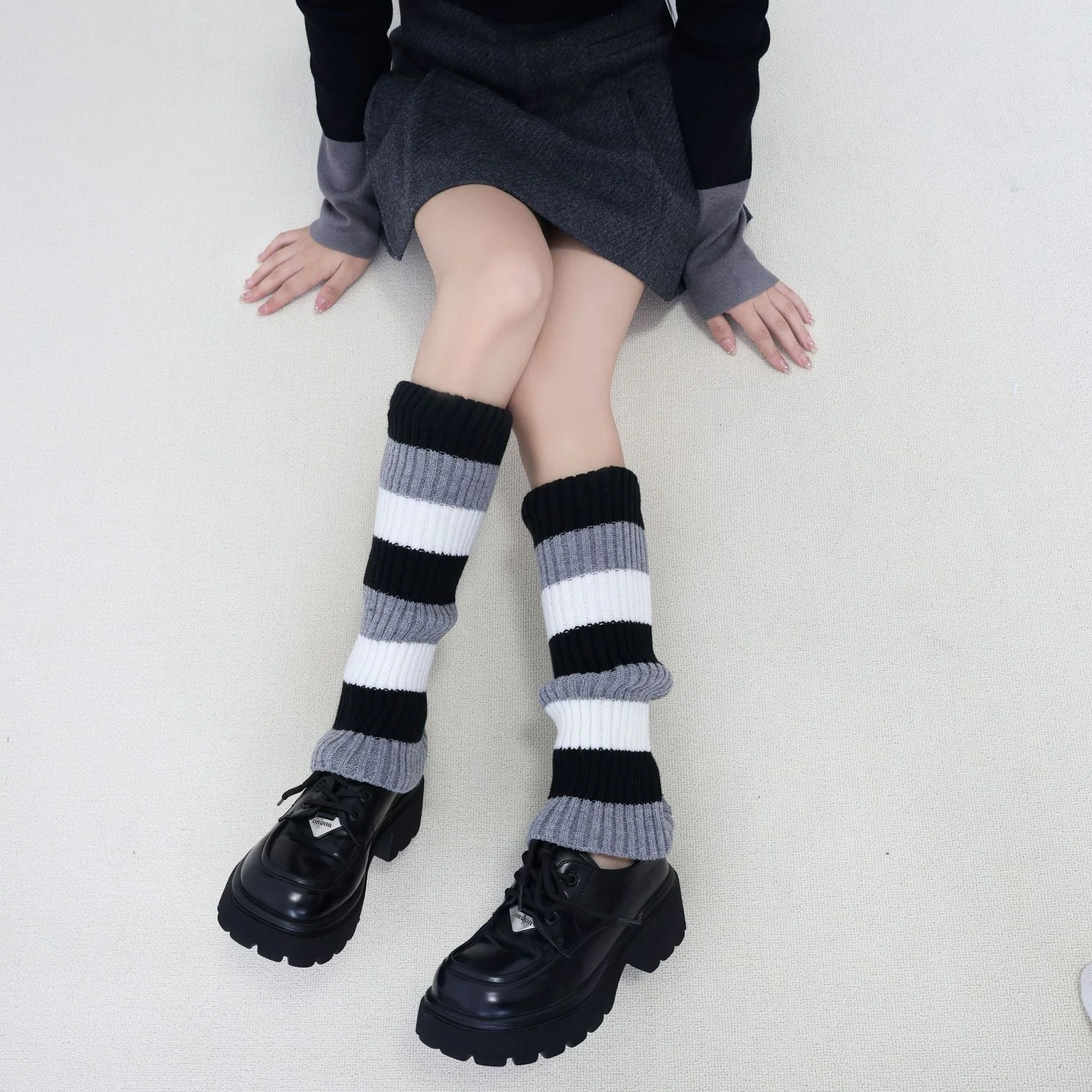 Knit Striped Color Block Slouchy Red Leg Warmers - Image 8