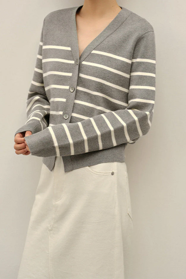 Knit Striped V Neck Colorblock Cardigan - Image 2