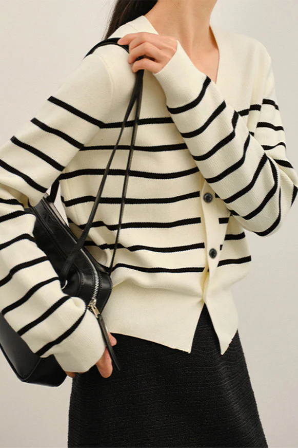 Knit Striped V Neck Colorblock Cardigan - Image 3