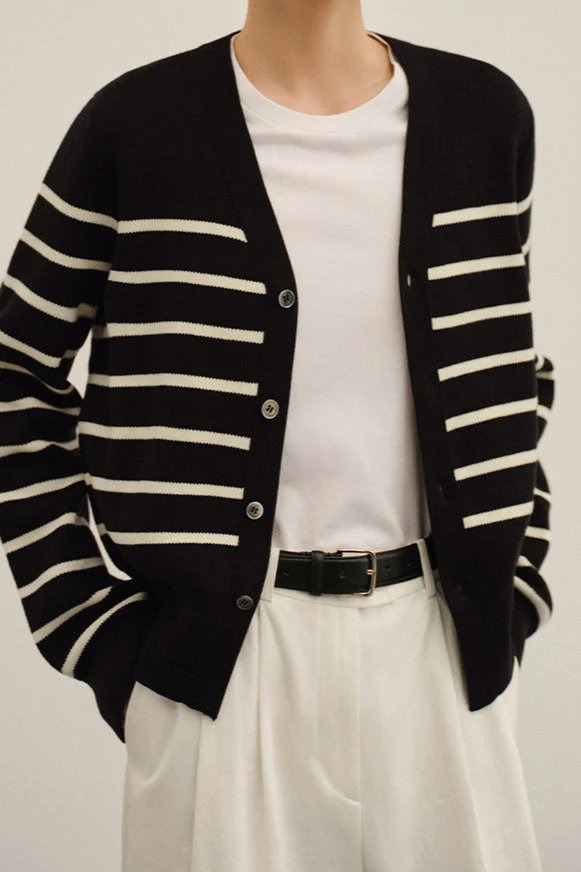 Knit Striped V Neck Colorblock Cardigan - Image 5