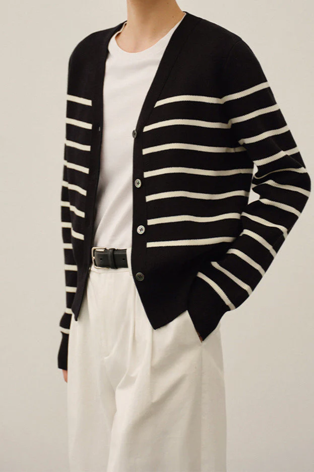 Knit Striped V Neck Colorblock Cardigan - Image 6