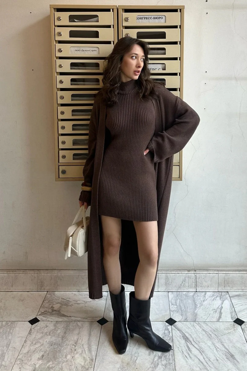 Knit Tank Dress Fitted Long Cardigan Two Piece Set - Image 10