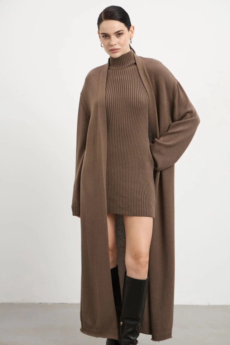 Knit Tank Dress Fitted Long Cardigan Two Piece Set - Image 11
