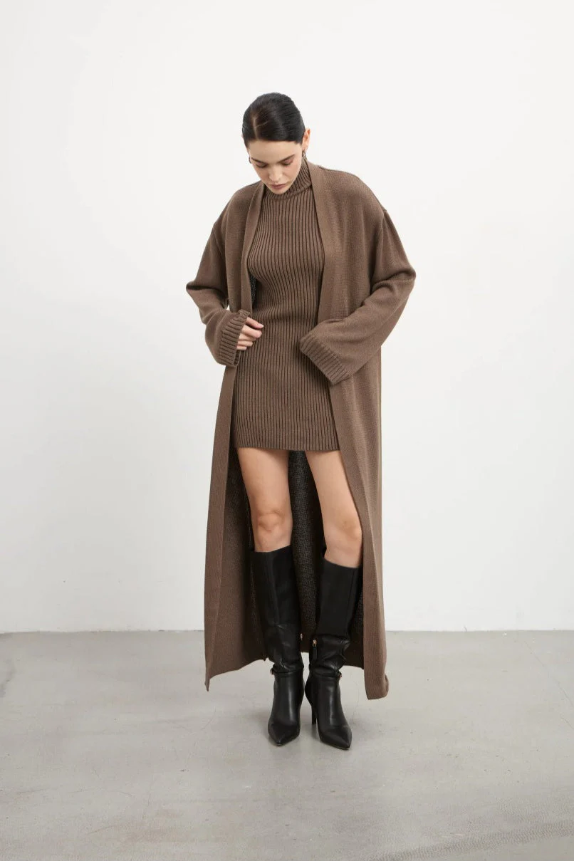 Knit Tank Dress Fitted Long Cardigan Two Piece Set - Image 12