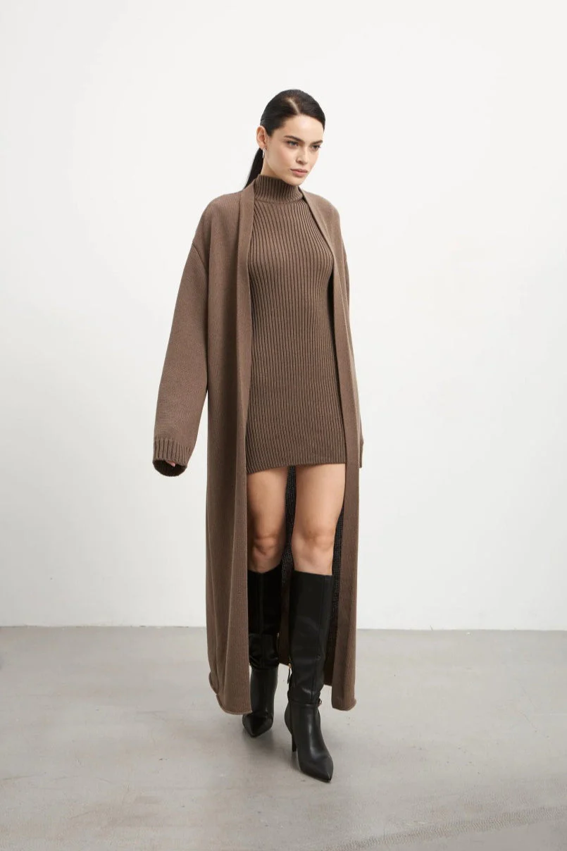 Knit Tank Dress Fitted Long Cardigan Two Piece Set - Image 14