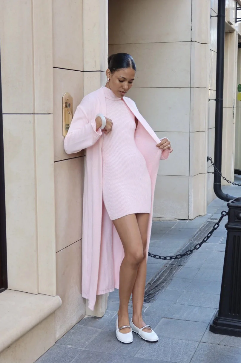 Knit Tank Dress Fitted Long Cardigan Two Piece Set - Image 4