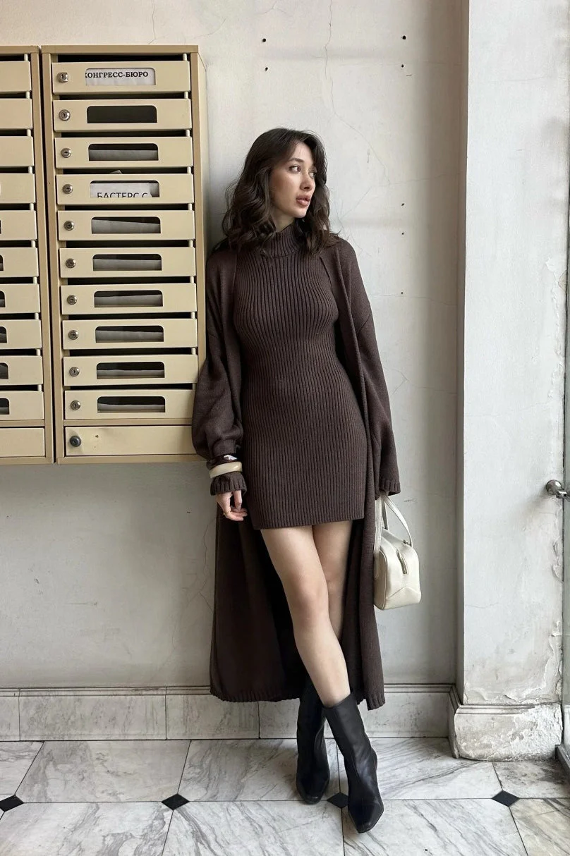 Knit Tank Dress Fitted Long Cardigan Two Piece Set - Image 6