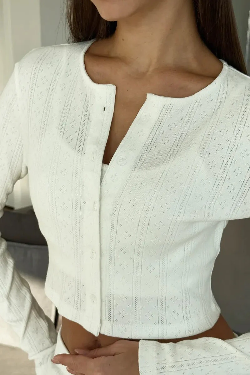 Knitted Cotton Jacquard Cropped Long Sleeve Three Piece Set - Image 4