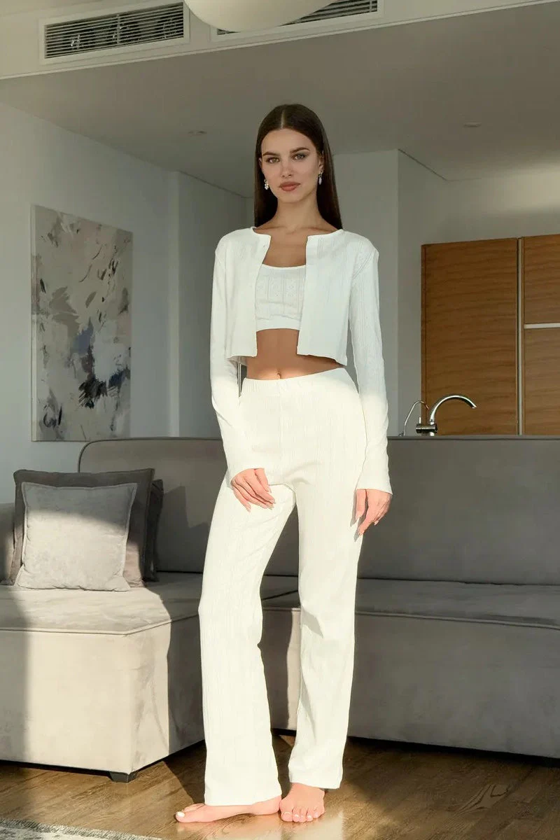 Knitted Cotton Jacquard Cropped Long Sleeve Three Piece Set - Image 8