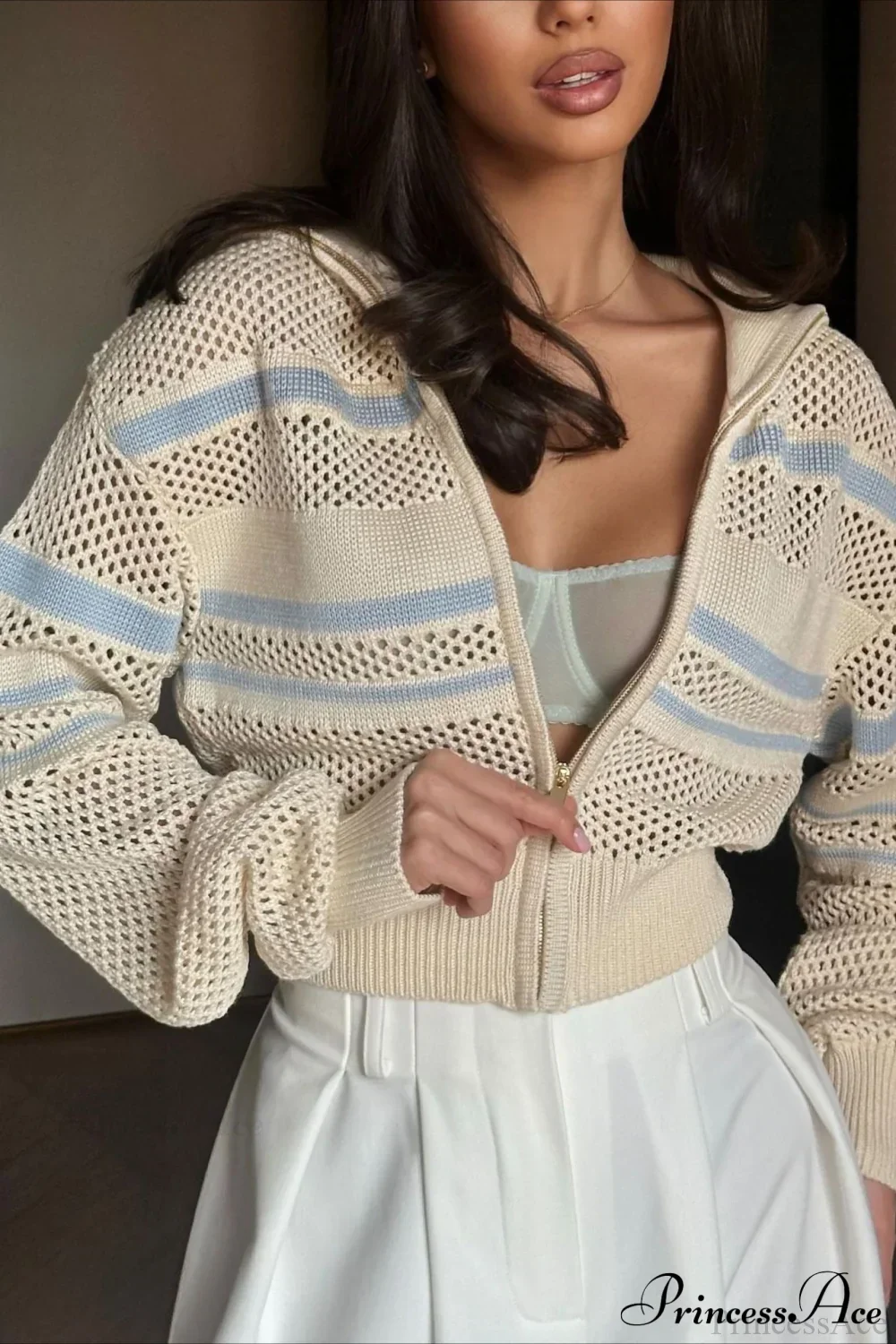Knitted Cutout Zip Slim-Fit Design Hoodie - Image 2