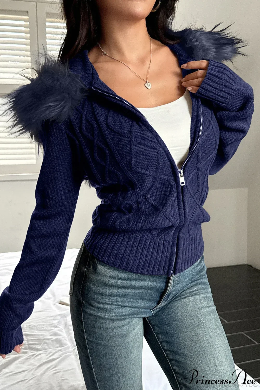 Knitted Fleece Collar Waist-Cinched Zip Hoodie - Image 11