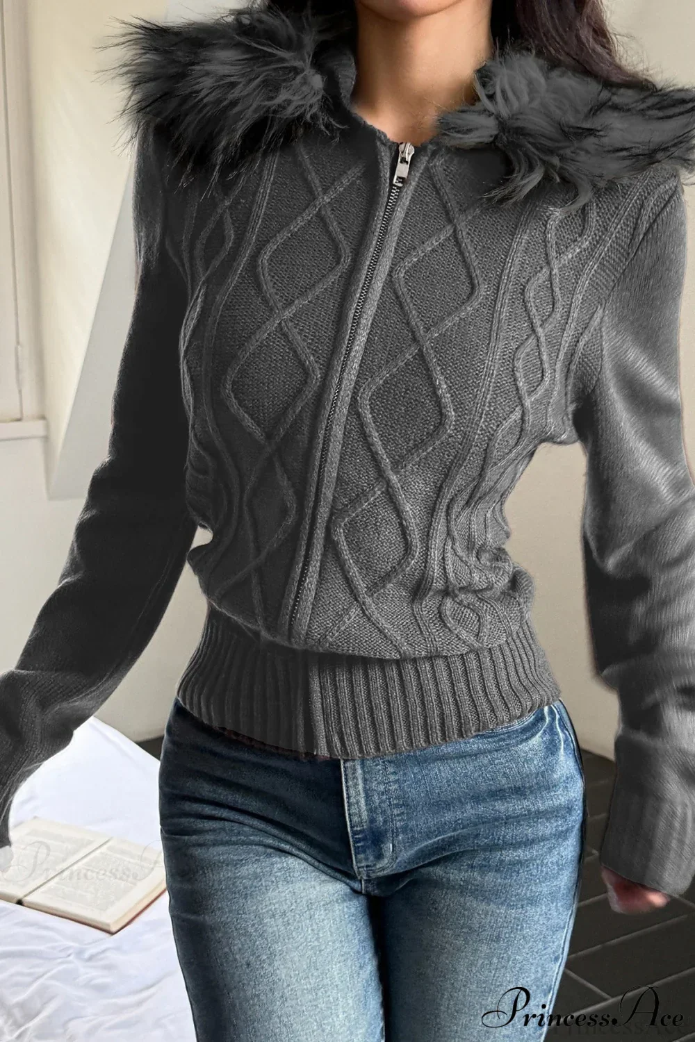 Knitted Fleece Collar Waist-Cinched Zip Hoodie - Image 4