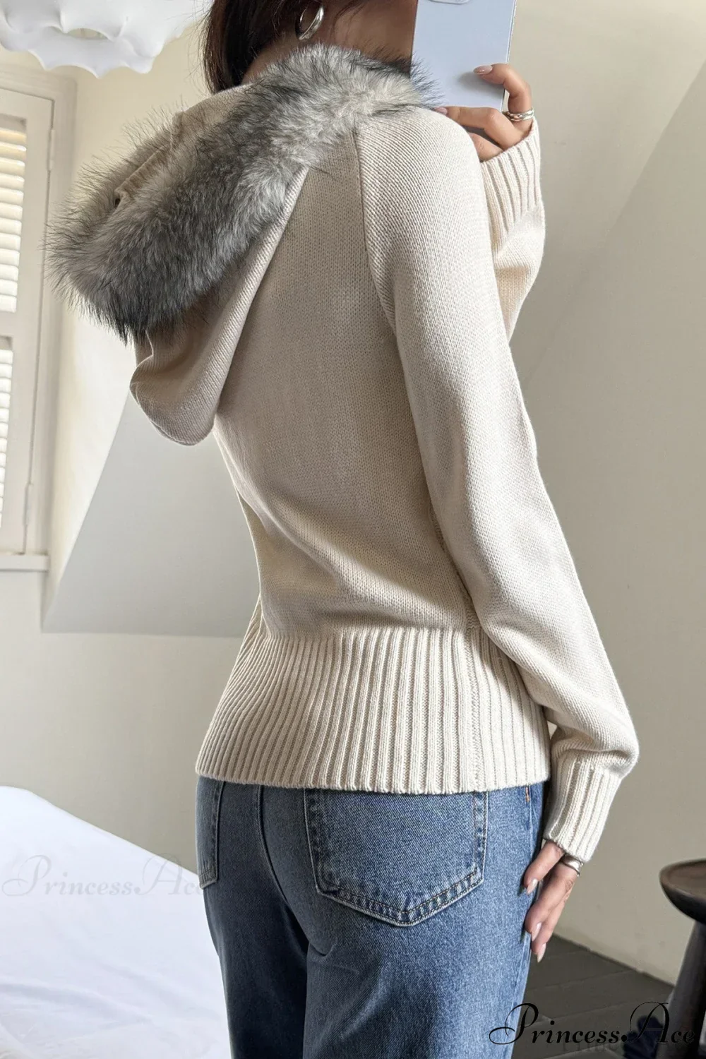 Knitted Fleece Collar Waist-Cinched Zip Hoodie - Image 9