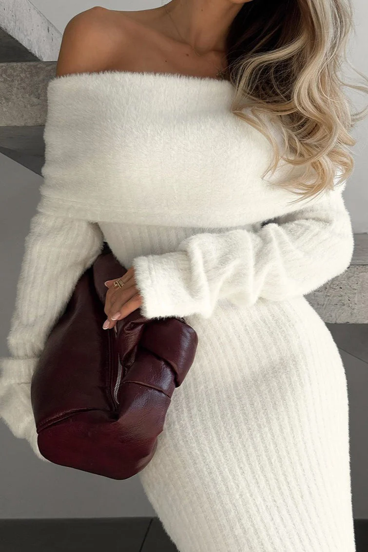 Knitted Off-the-Shoulder Elegant Fitted Waist Maxi Dress - Image 2