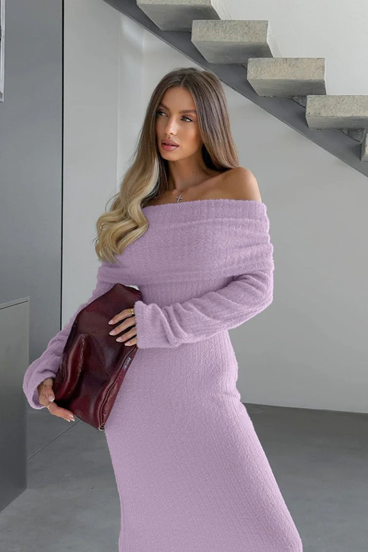 Knitted Off-the-Shoulder Elegant Fitted Waist Maxi Dress - Image 5