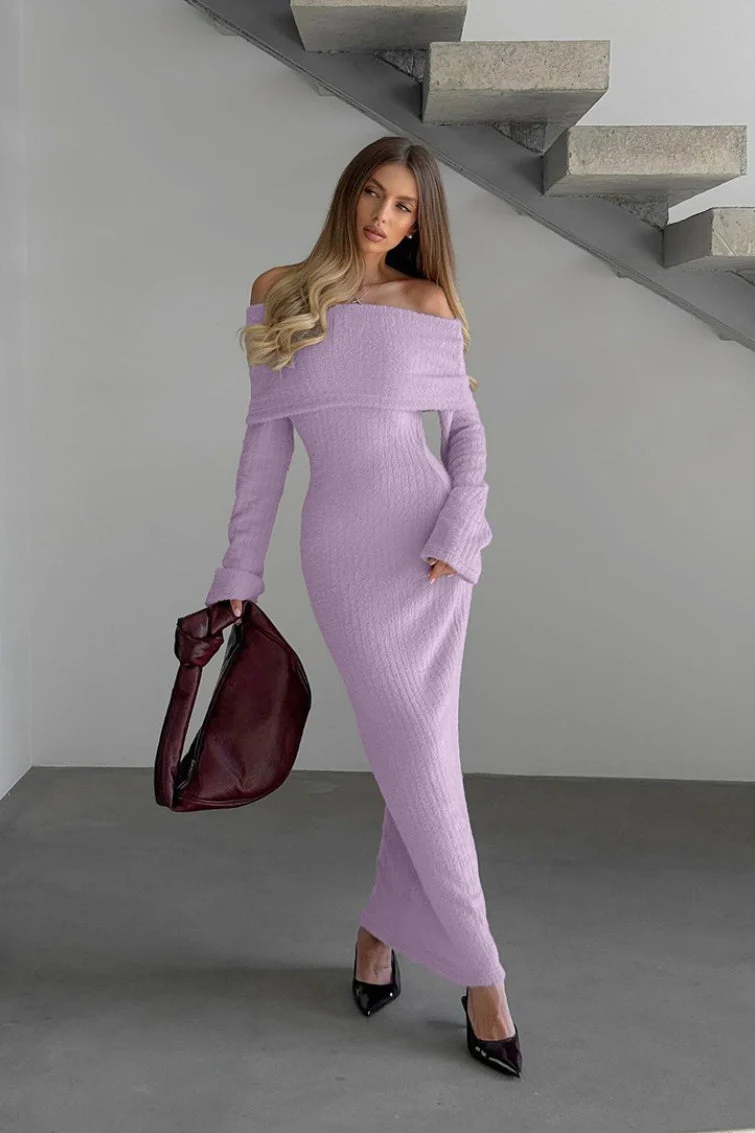 Knitted Off-the-Shoulder Elegant Fitted Waist Maxi Dress - Image 6